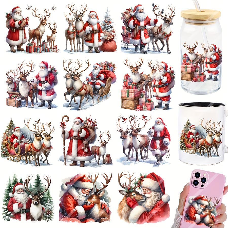 TEMU Lot de 12 feuilles de transfert UV DTF Père Noël et , thème de Noël, convient pour tasses, mugs à café, vases en verre, ordinateurs portables,