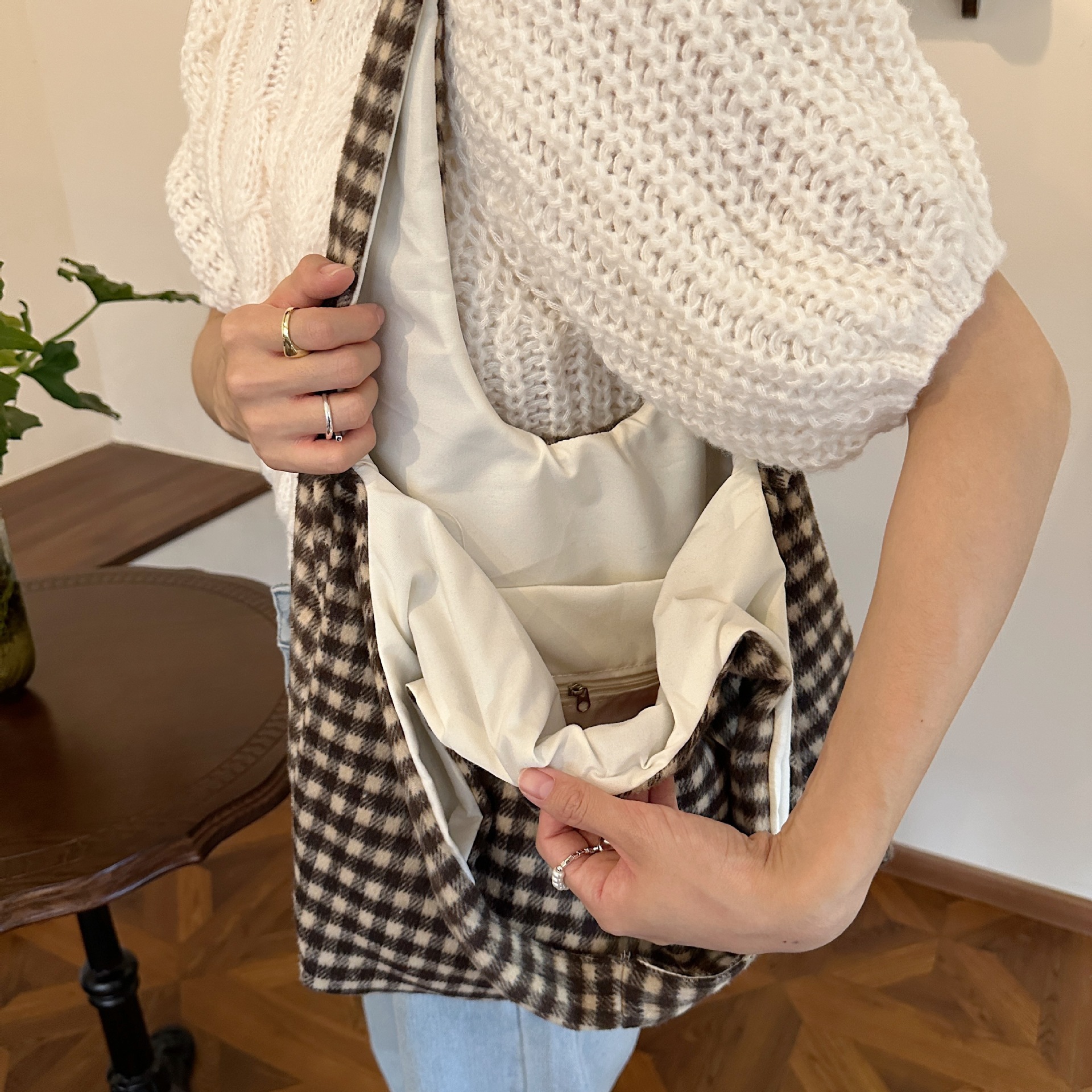 Pink Gingham Hobo Tote Bag Large Capacity Casual Shoulder Purse_voghion.com