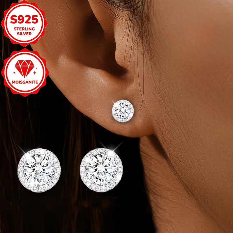TEMU Un ensemble de boucles d'oreilles hypoallergéniques en argent pur S925 avec des moissanites synthétiques rondes et brillantes, parfaites pour un