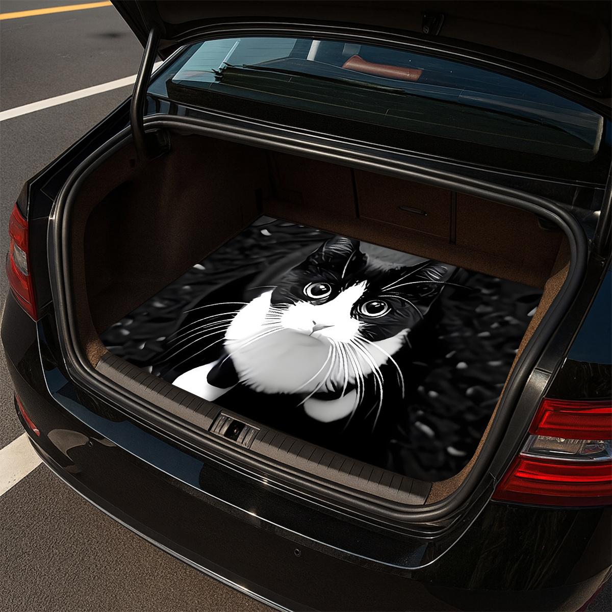 TEMU 1pc, 2d Flat Printing, Car Trunk Creative Black Cat Cute Auto Tailbox Anti-slip Foot Mat - Suitable For Sedans And Suvs, Durable And Easy To