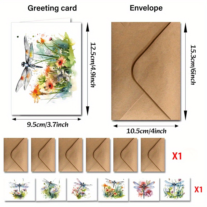 E-shop 12 Stück Aquarell Libelle und Wildblumen Grußkarten mit Umschlägen - Lebendige Blumendesigns, geeignet für Geburtstage, Hochzeiten, Valentinstag