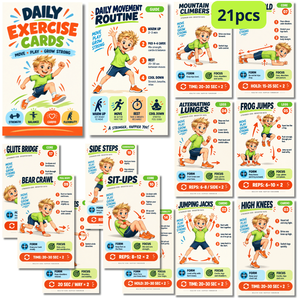 21pcs Daily Movement Exercise Cards with Fitness Activity Cards & Routine Guide