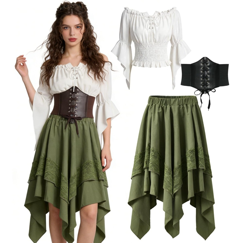 Women's Pirate Costume Medieval Dress Gothic Outfit With Belt White Blouse And Skirt Set, Festival Outfit For Carnival Halloween Party