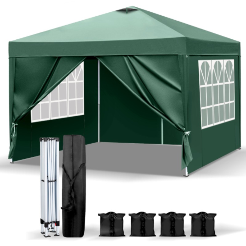 Image of 10x10 Ft Pop Up Canopy, Green 4 Sides 2 Doors 2 Windows, Ventilated Top Cover, 25/20mm Legs And 10x18mm Cross Bars, Powder Coated , 4 Sand Bags And Carry Bag, Portable