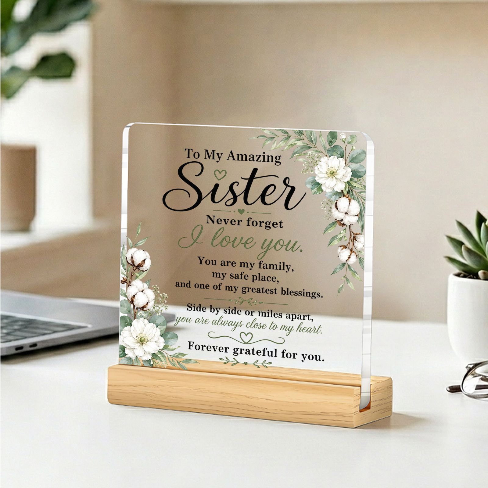 TEMU 2d Flat, 1pc Sister-themed Floral Acrylic Plaque "to Sister" - Suitable For Birthday Christmas Gift, Desk Shelf Decoration With Sister Quotes,