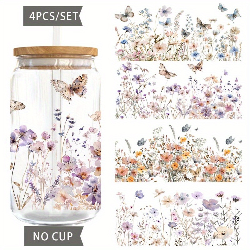 Image of 4pcs Set Watercolor Style Uv Dtf 16oz Cup Wrap Transfer Paper, Suitable For Glassware, Tumblers, Laptops~furniture And Diy Crafts - & Durable