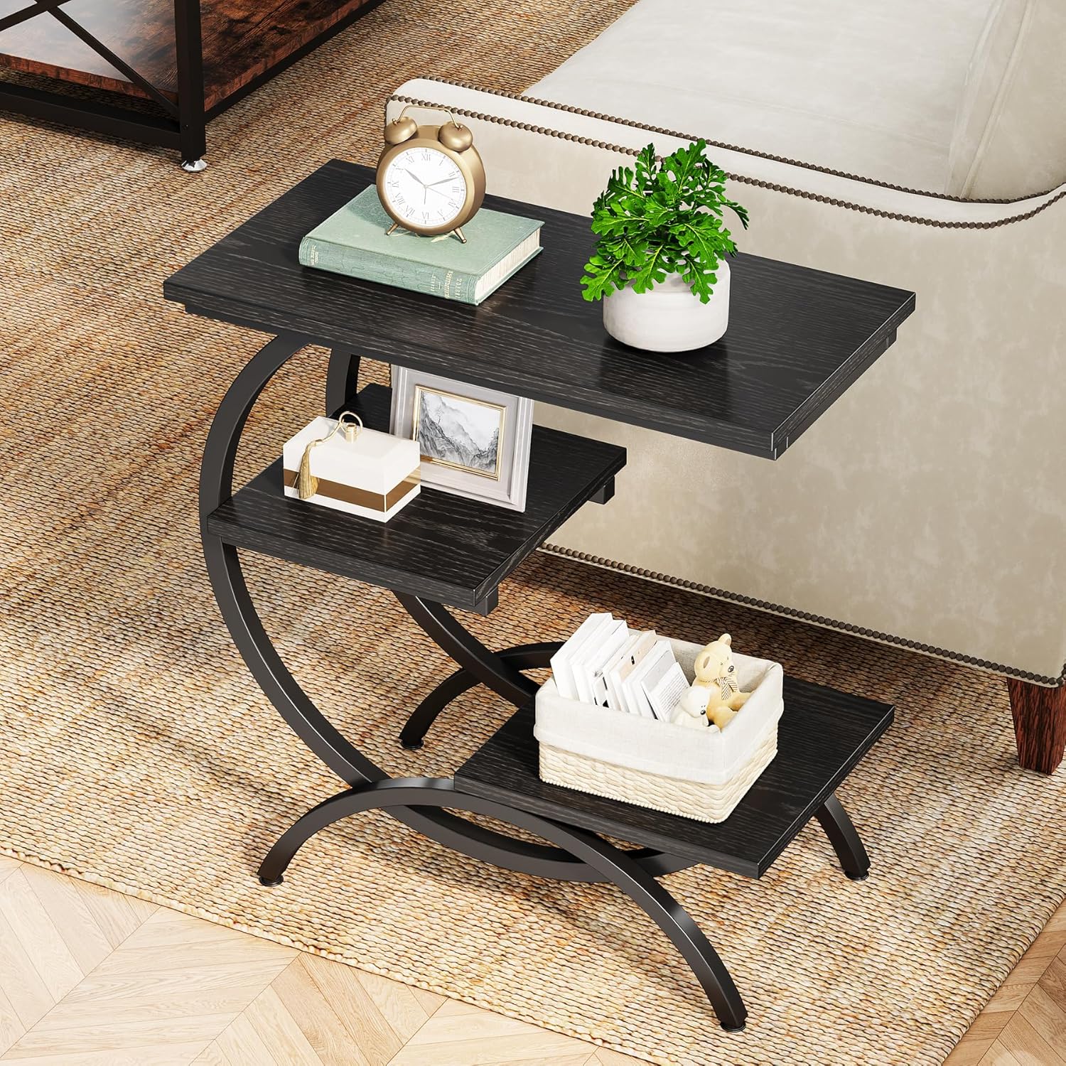 Image of Industrial Side Table With 3-tier Storage Shelves - Space- & Wood Table Suitable For Small Spaces, Compact Modern Nightstand, Snack Table For Couch, Bed, Living Room, , Black