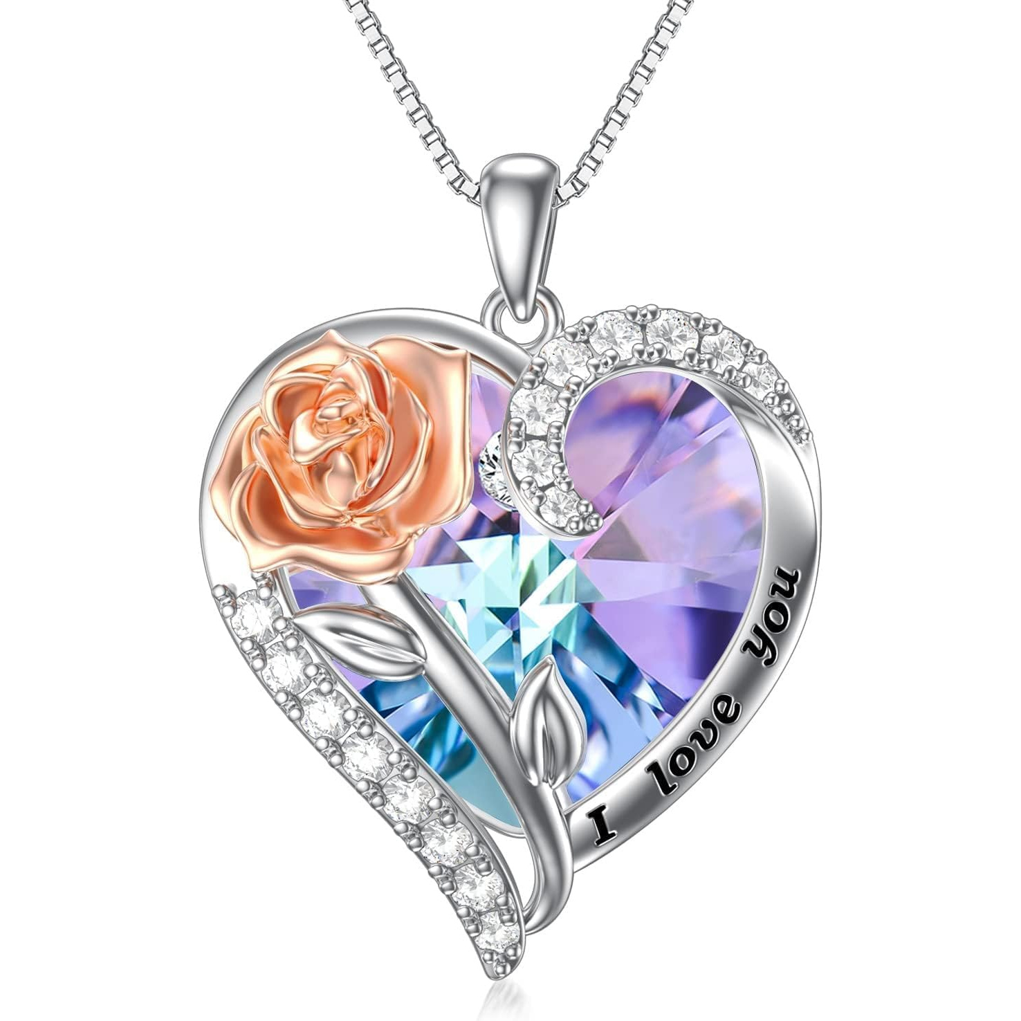 Image of 925 Sterling Silver Heart Rose Flower Necklace, Elegant Romantic Fine Jewelry For Women, Birthday Valentine's Mother's Day Gift
