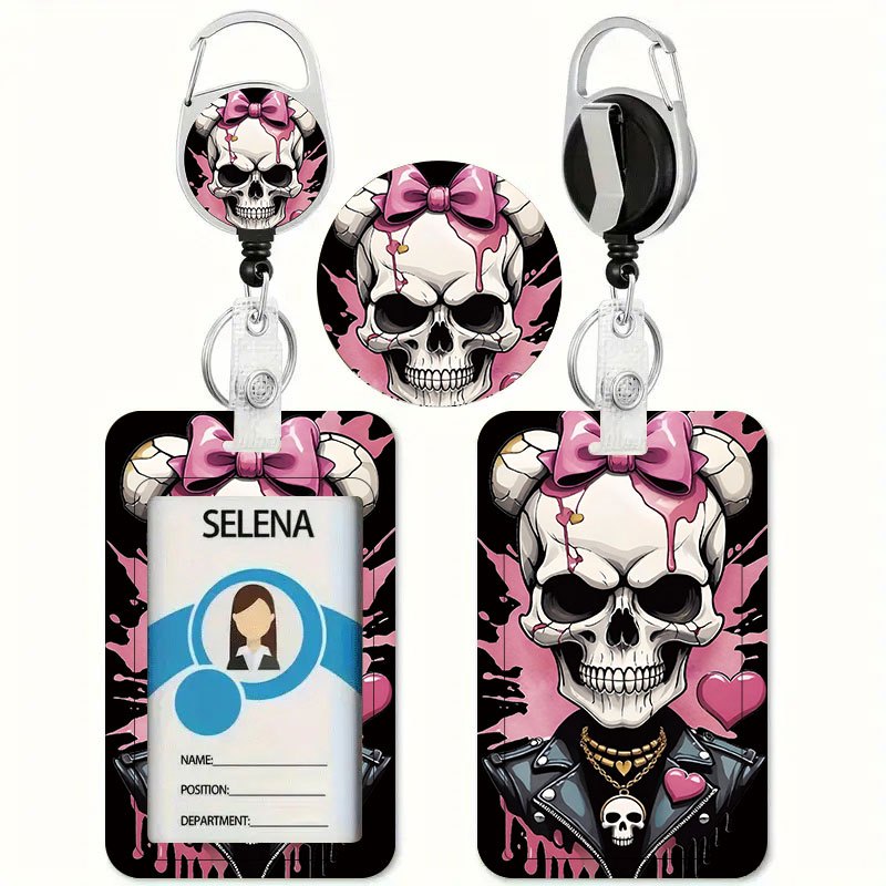 TEMU Skull Bow Clip Jacket Printed Pattern Card Holder Adjustable Buckle-style Id Lanyard - Id, Credit Card Holder, Heavy-duty Id Lanyard For Nurses,