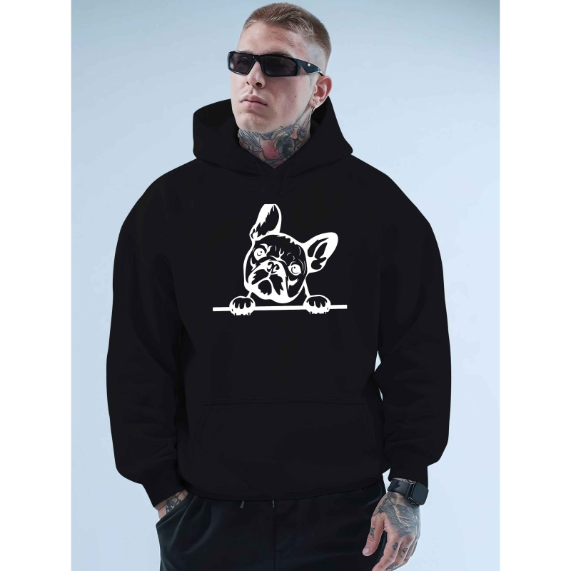 

1pc Men's Casual Polyester Hoodie With French Bulldog Print, Long Sleeve Knit Fabric With Stretch, Regular Fit Hooded Sweatshirt For Autumn And Winter