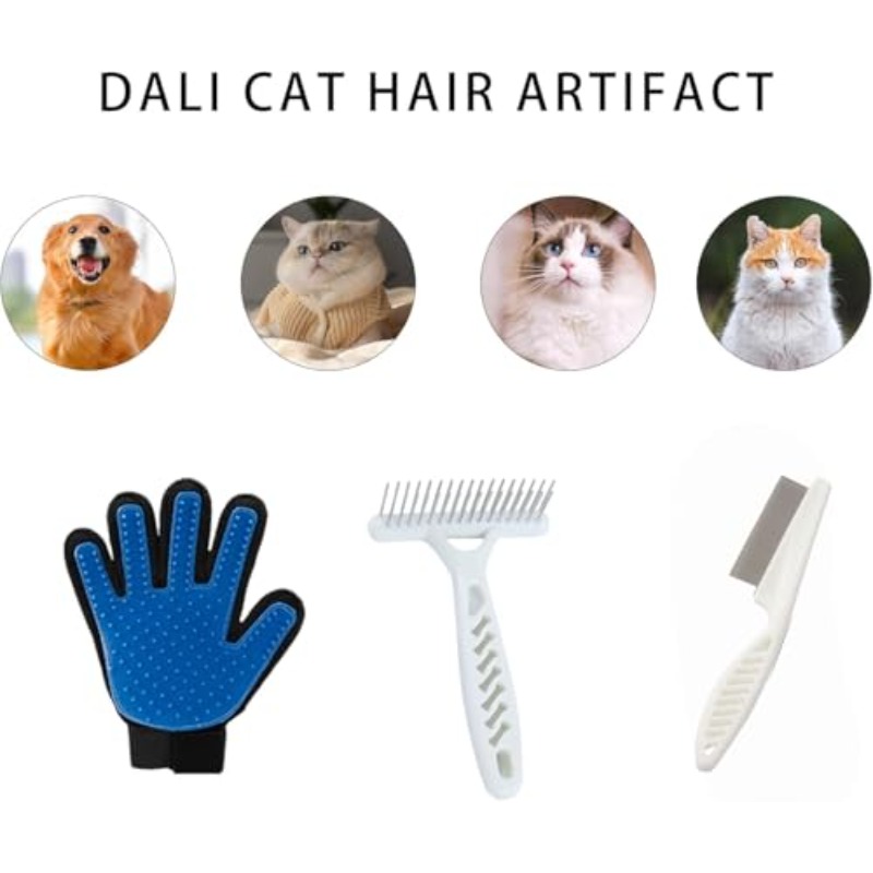 3pcs Pet Grooming Set, Pet Comb, Hairbrush, And Right-Hand Hair Removal Glove with Brushing Function, Detangling Double-Row Comb, Flea Comb for Fur Cleaning And Massage