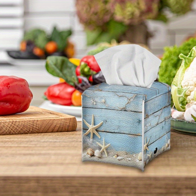 square tissue box holder designed for facial tissues serving as a stylish organizer and dispenser for napkins suitable for bedroom office or bathroom decor featuring a blue   design Product details 4