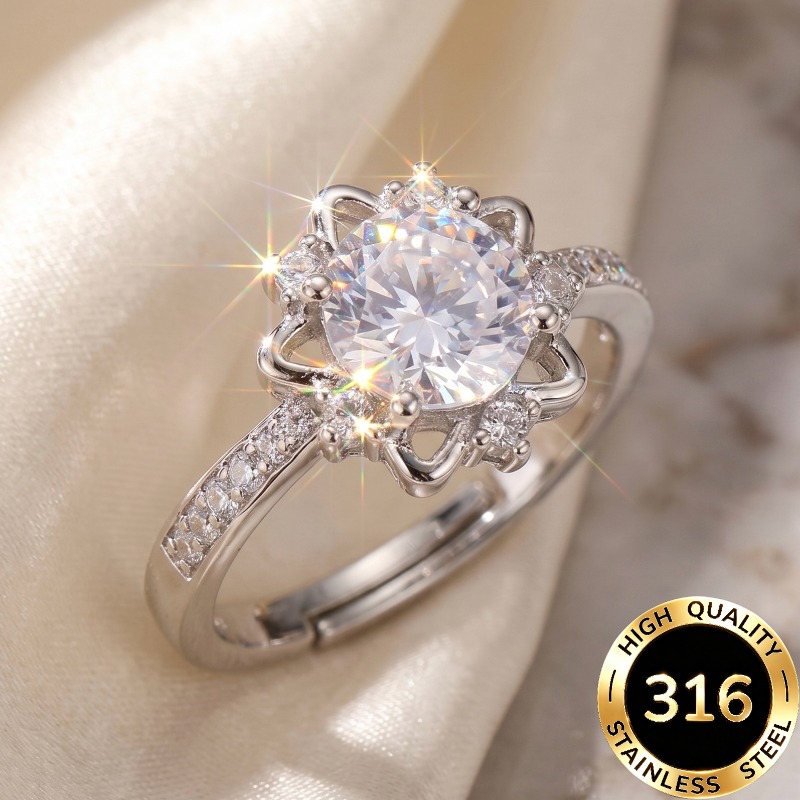 TEMU 1pc High Quality Open Adjustable Steel Hypoallergenic Light Luxury Elegant Sparkling Star Star-shaped Design With Round Synthetic Zirconia Decor