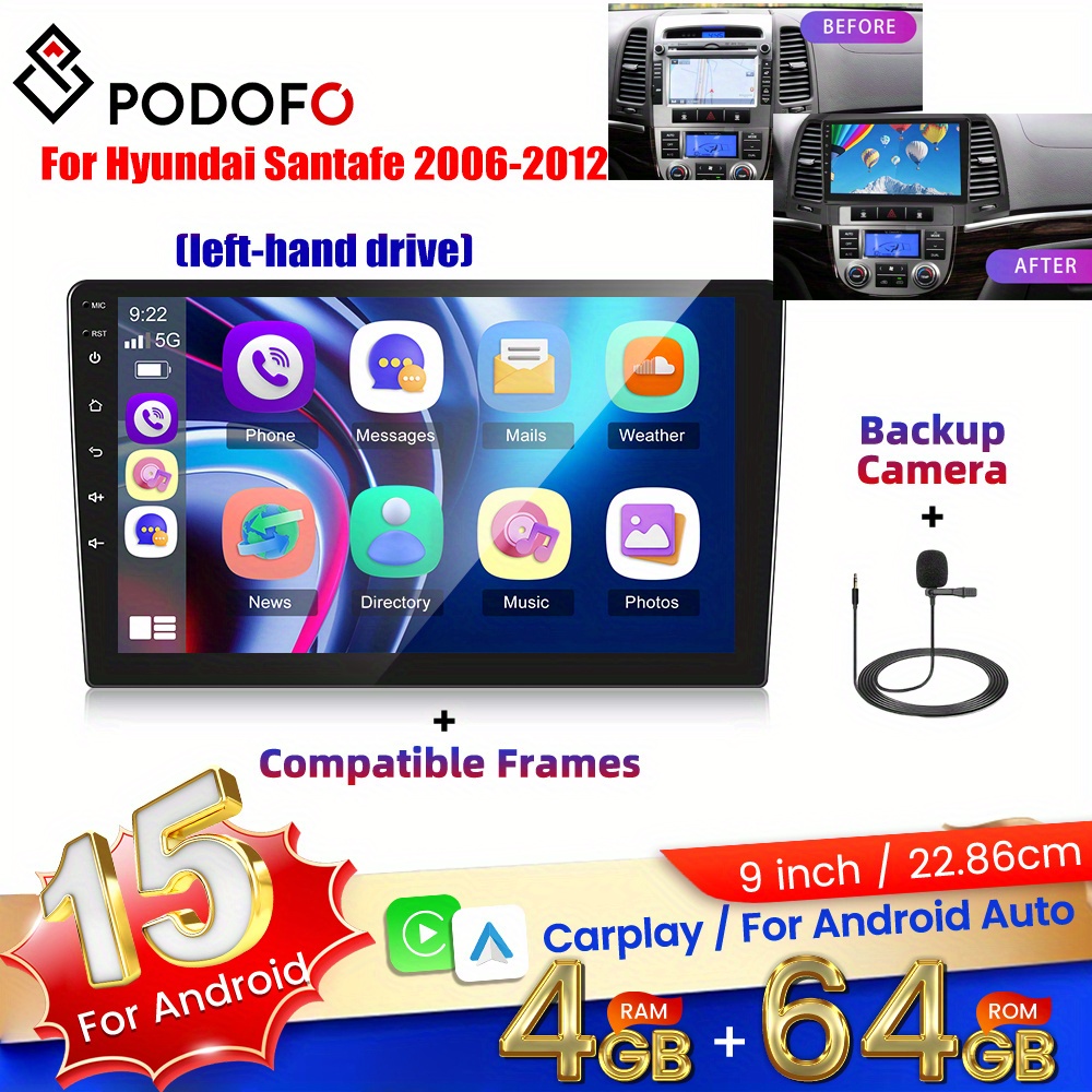 Image of [4g & 64g ]9 Inch Radio For Santafe 2006-2012(left-hand Drive) With Carplay Wireless, 1280 X 720, 15, Touchscreen Wireless Hifi/ Rds/ Fm Radio, Wifi Navi/ Ahd Reversing