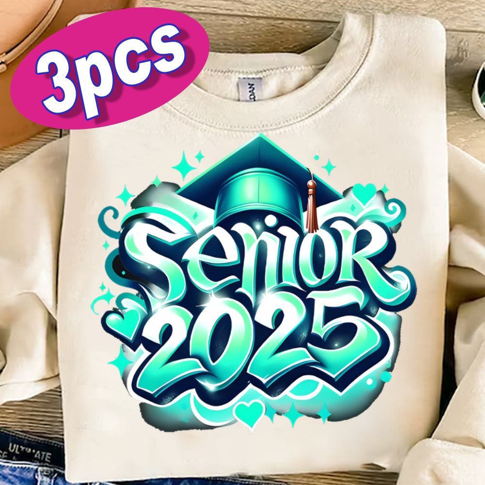 

3- 2025 Graduation Heat Transfer Decals, Mixed Color, High-quality Washable Iron-on Transfers For Diy T-shirts, Masks, Jeans, And Backpacks - Paper Material