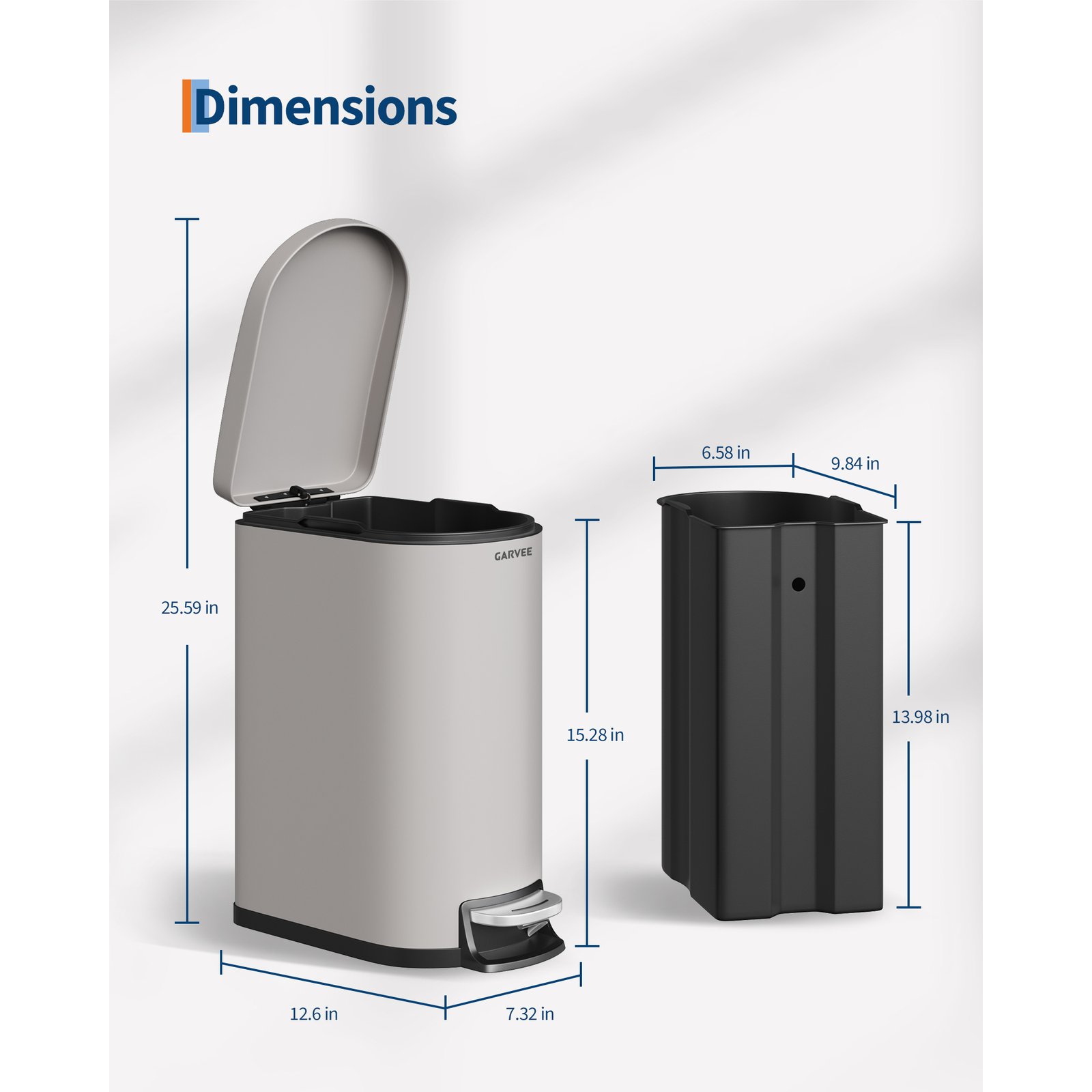 2. 6 Gallon/ 10 Liter Slim Trash Can, Stainless Steel Garbage Bin With Removable Inner Bucket, Step Trash Can Rectangle Waste Bin For Narrow Space, Kitchen, Bathroom, Office