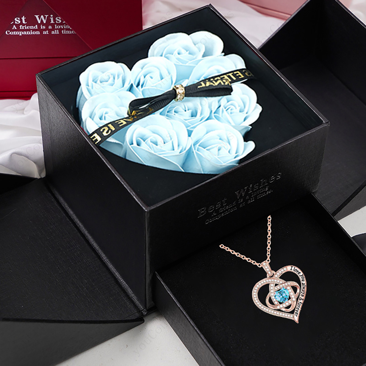 Women's Delicate Light Blue Synthetic Zirconia Heart-Shaped Pendant Necklace, Gift Box Included