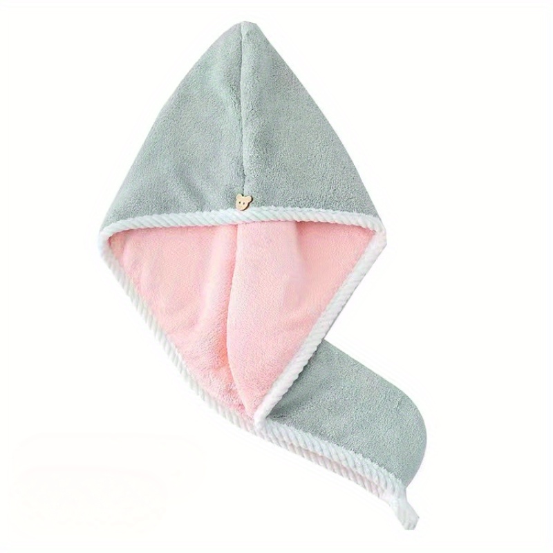 Image of Farmhouse Style Double-layer Thickened Hair Towel Wrap - Coral Fleece Quick-dry Turban With Bear Button, High Absorbency For Shower & Bath, , Postshower Accessory | Cute | Plush Texture