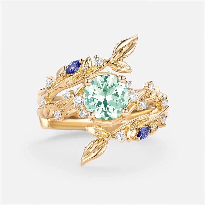 Inlaid Green Cubic Zirconia Leaf Design Ring