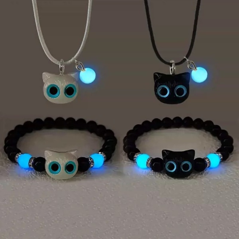 TEMU 4 Luminous Cat Bracelets And Necklaces For Couples To Wear As Gifts Gift