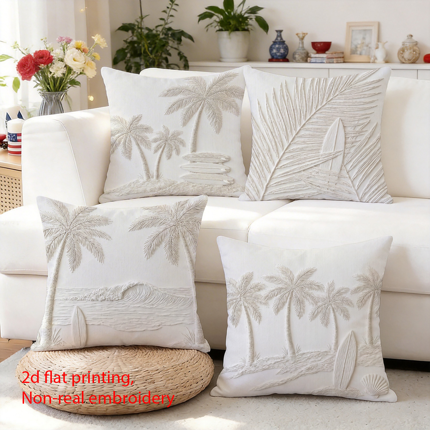 TEMU 4pcs Set Of 2d Flat-printed Tropical Coconut Tree And Surfboard Pillowcases, Base With Embossed Texture Coconut Tree And Surfboard Print, Style