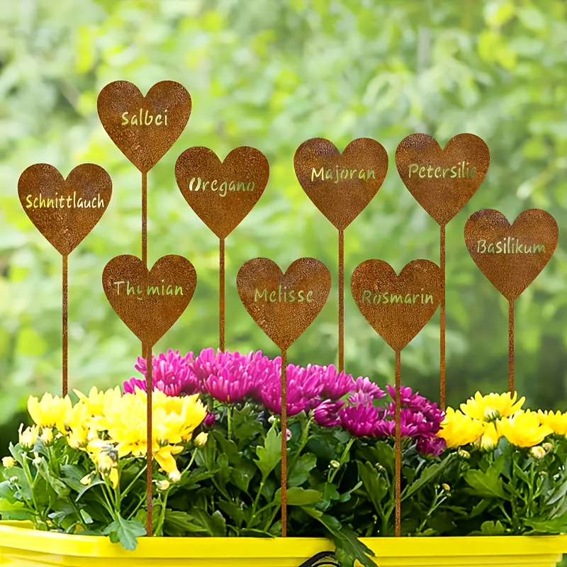E-shop 2D-flach, 5-teiliges Set rustikaler herzförmiger Gartenschilder aus goldenem Acryl mit 9 Kräuternamen inklusive Rosmarin , dekorative Ornamente
