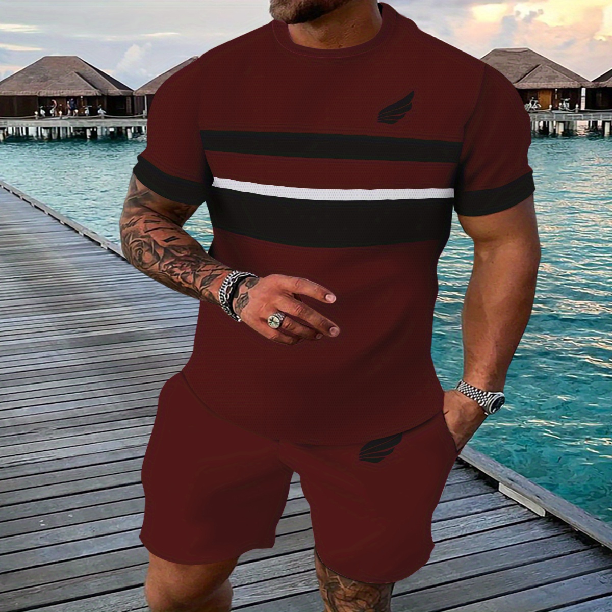 

Men's Summer Casual Sports Suit - Breathable 3d Printed T-shirt And Shorts Set, Polyester Spandex , Machine Washable, Outdoor, Five-pocket Pants