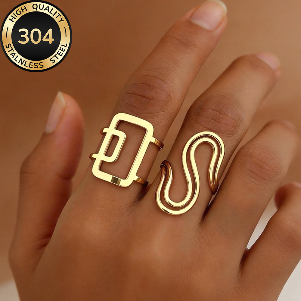 2pc Golden Stackable Open Ring Set, Stainless Steel