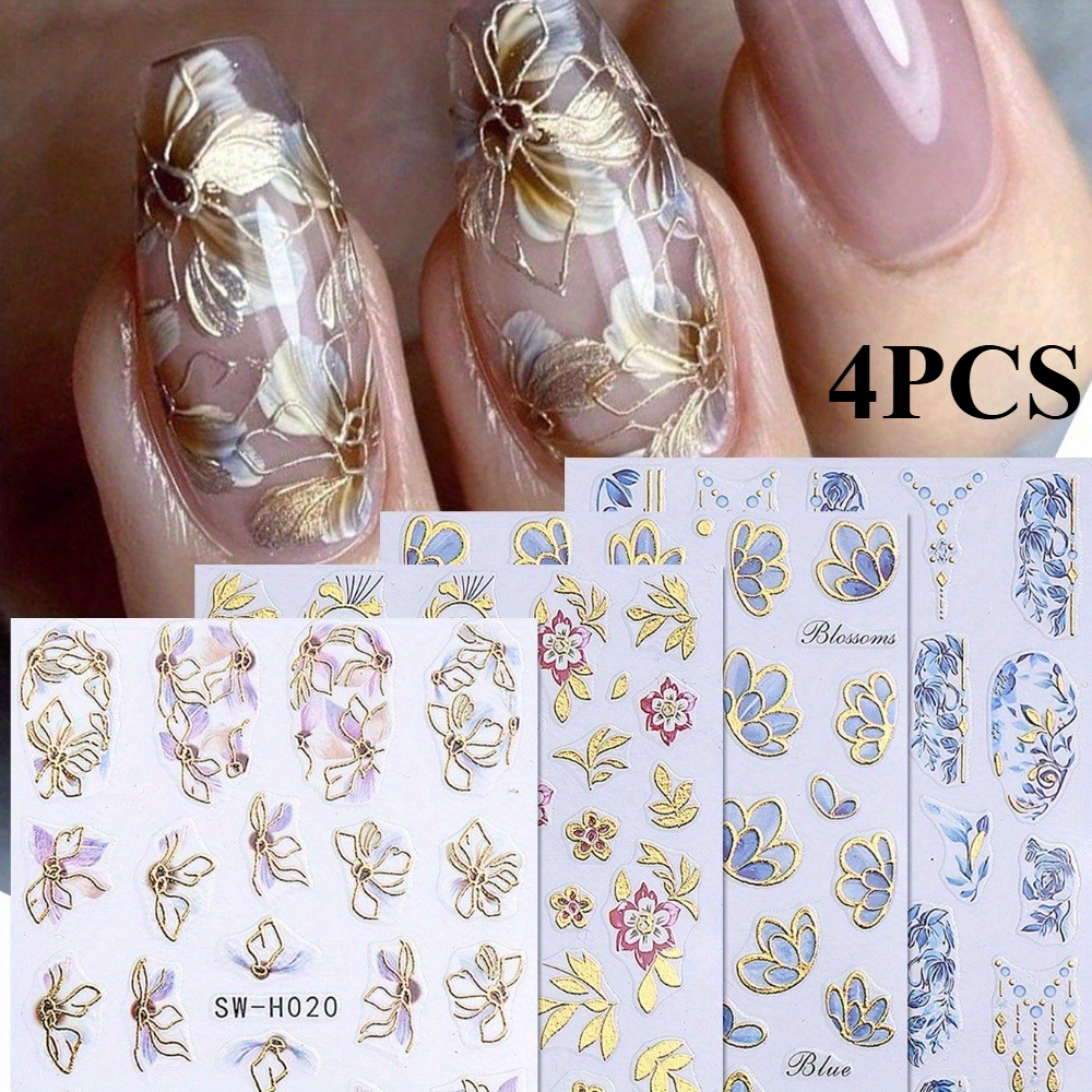 Image of Set Of 4 Stylish And Vibrant Floral Nail Stickers, Featuring Hot- Plant Petal Designs For Nail Art, Perfect For Spring And Summer Nail Decorations