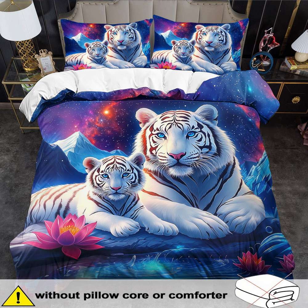 TEMU Parure de Housse de Couette Thème Tigre Blanc - 2/3 pièces, Douce, Confortable et Respirante, Linge de Lit Imprimé Motif Animal , Parure de