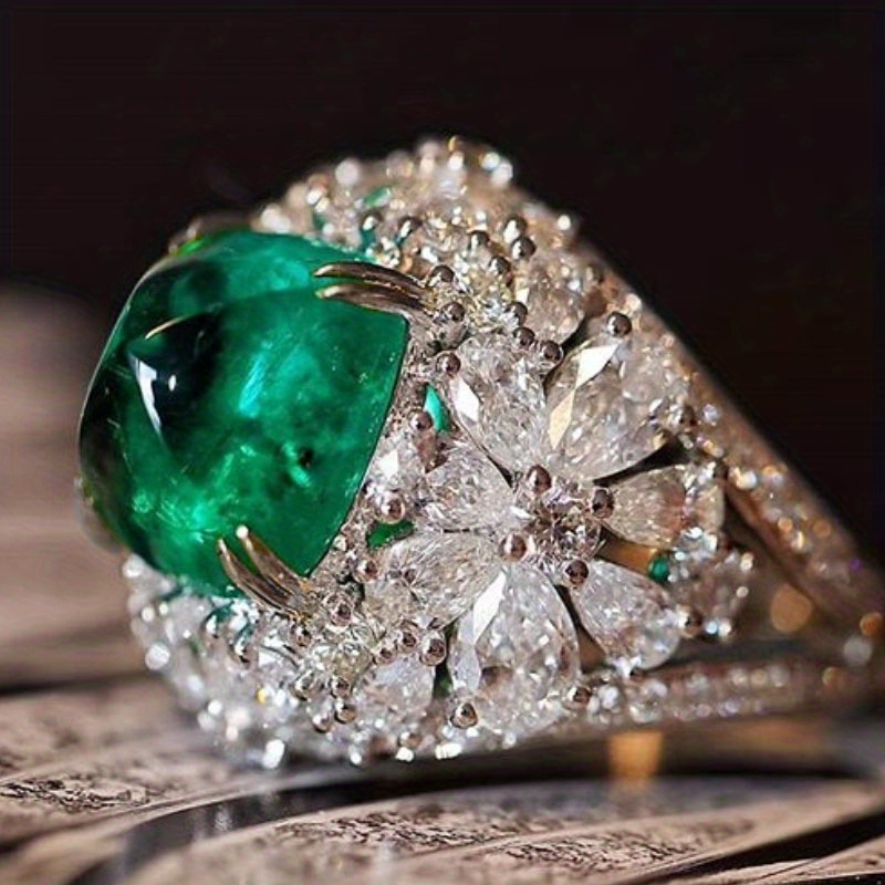 TEMU Juego Elegante y Deslumbrante con Zirconia Sintética Verde: Anillos de Aniversario para Mujeres, Fiestas, Banquetes, , Joyería Vintage, Regalos