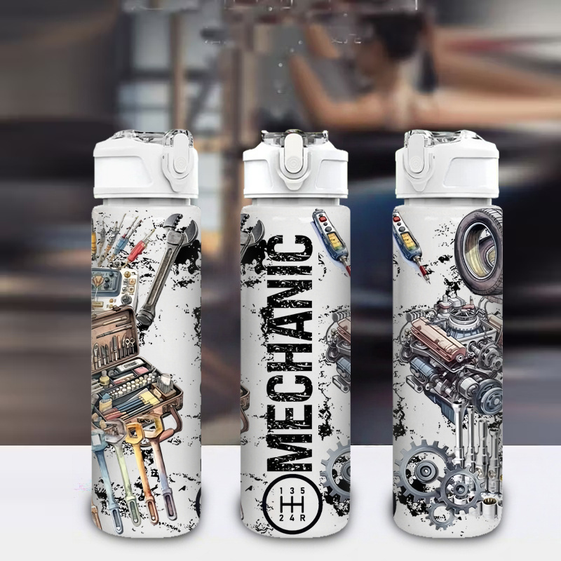 1 bouteille d'eau sur le thème de la mécanique avec motif d'outils - 750 ml/26 oz, couvercle à levier étanche, plastique durable pour salle de sport, sport, voyage, yoga, course à pied - Construction robuste pour la maison et l'extérieur
