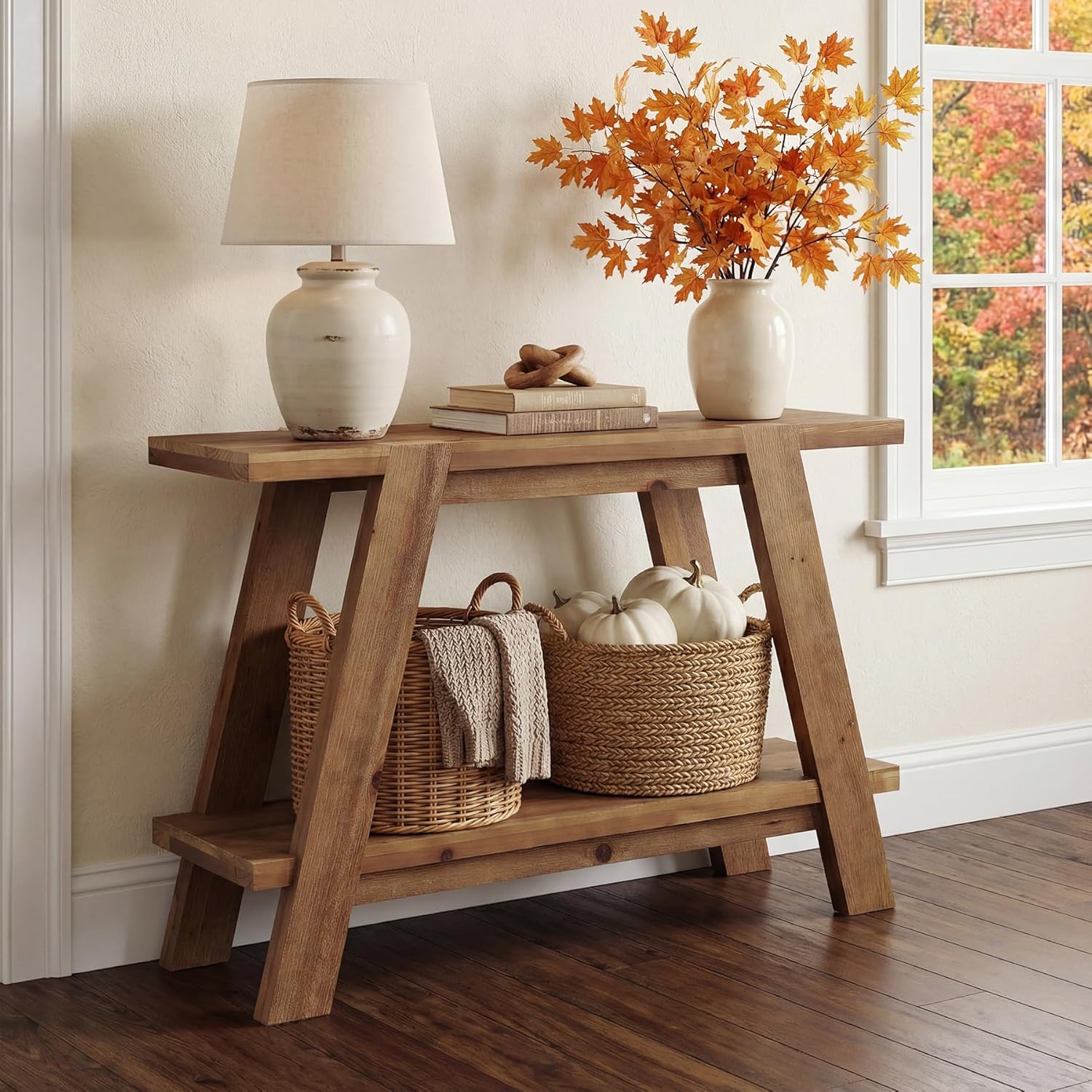Image of 43.3' Solid Wood Entryway Table, 2-tier Farmhouse Console Table With Storage, Narrow Sofa Table Behind Couch For Living Room, Hallway, Foyer, Brown