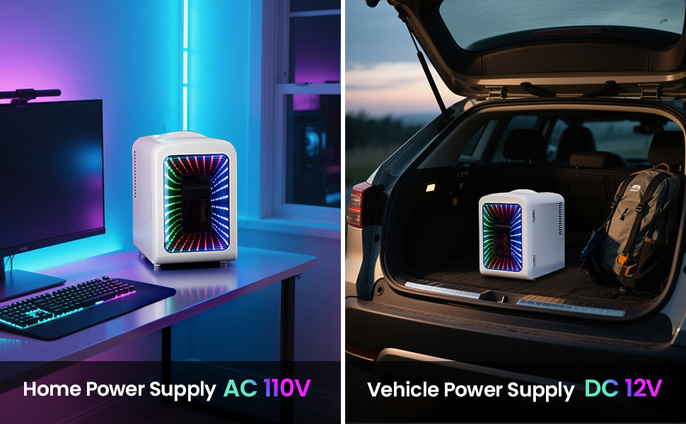 1.06gal/6 Cans Portable Compact Refrigerator with Gaming Lights, AC/DC Power, 39°F Low Temp, Energy-Efficient Compressor, White - for Skincare, Food & Drinks