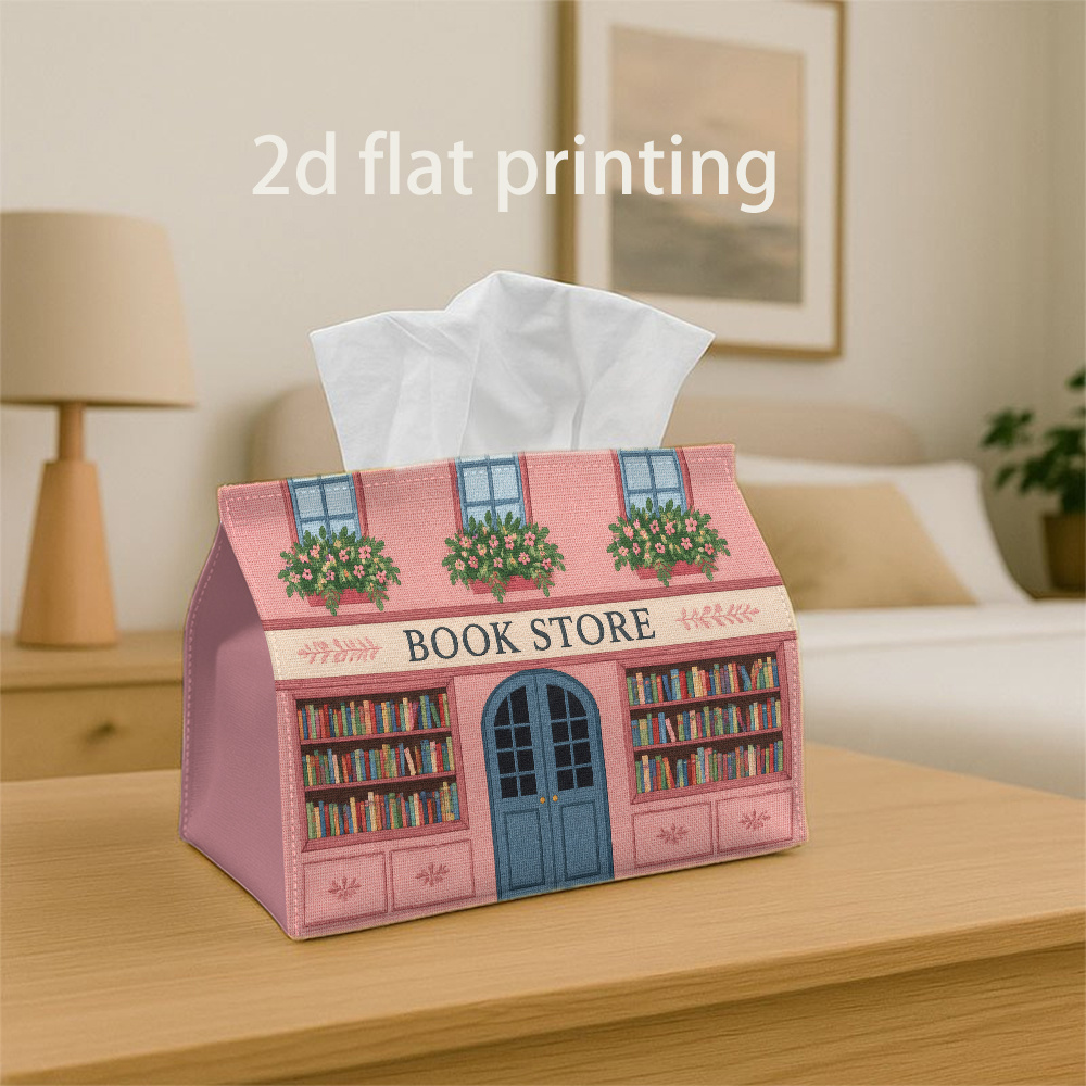 TEMU 1pc 2d Bookstore Exterior Pattern Printed Tissue Box, Durable And Easy To Clean, Double-sided Printing, Suitable For Bathroom, Living Room,