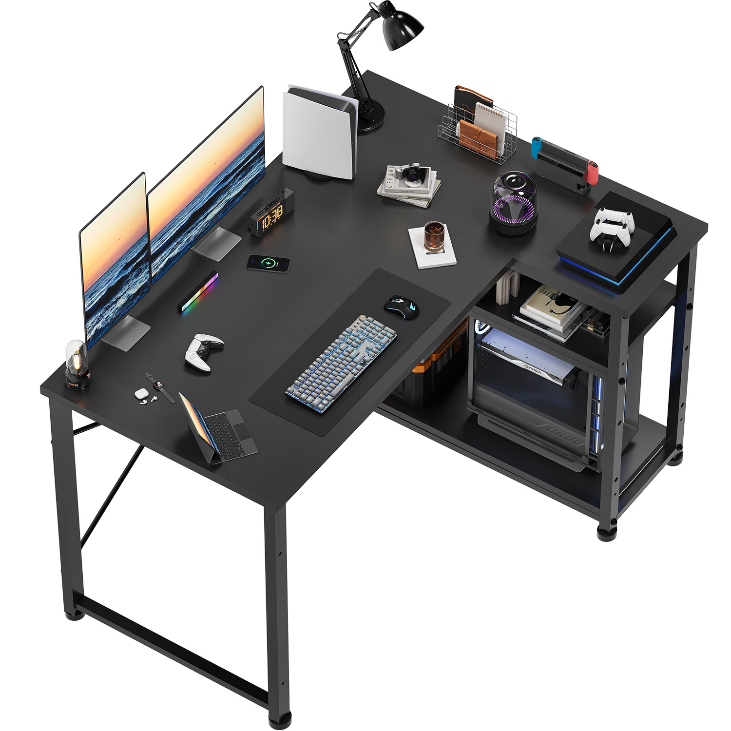 Image of 120cm Reversible L-shaped Desk, Corner Computer Table With Large Storage Shelves, Home Office Pc Workstation With Hooks For Writing Study