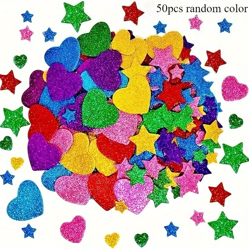 Color Mixed Batch 50pcs Color Glitter Foam Sticker Self Adhesive Star Mini Heart Glitter Sticker, Art & Craft Supplies Greeting Decoration Star Heart