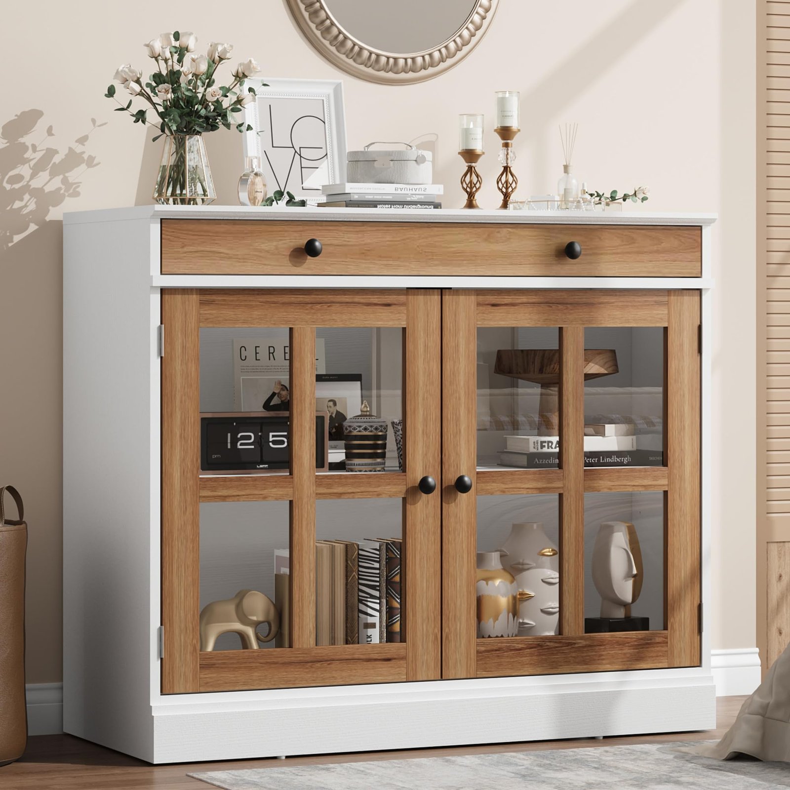 GAOMON 35.4Inch Black Sideboard Buffet Cabinet with Glass Doors, Storage Cabinet with Drawer, Modern Buffet And Sideboard for Dining Room, Kitchen, Living Room