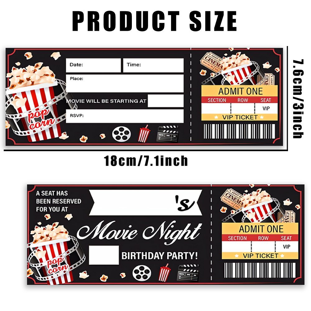 TEMU 20pcs, Birthday Movie Theme Invitation Card, 20 Invitation Cards With Envelopes, Movie Ticket Invitation Card, Movie Party Invitation Card,