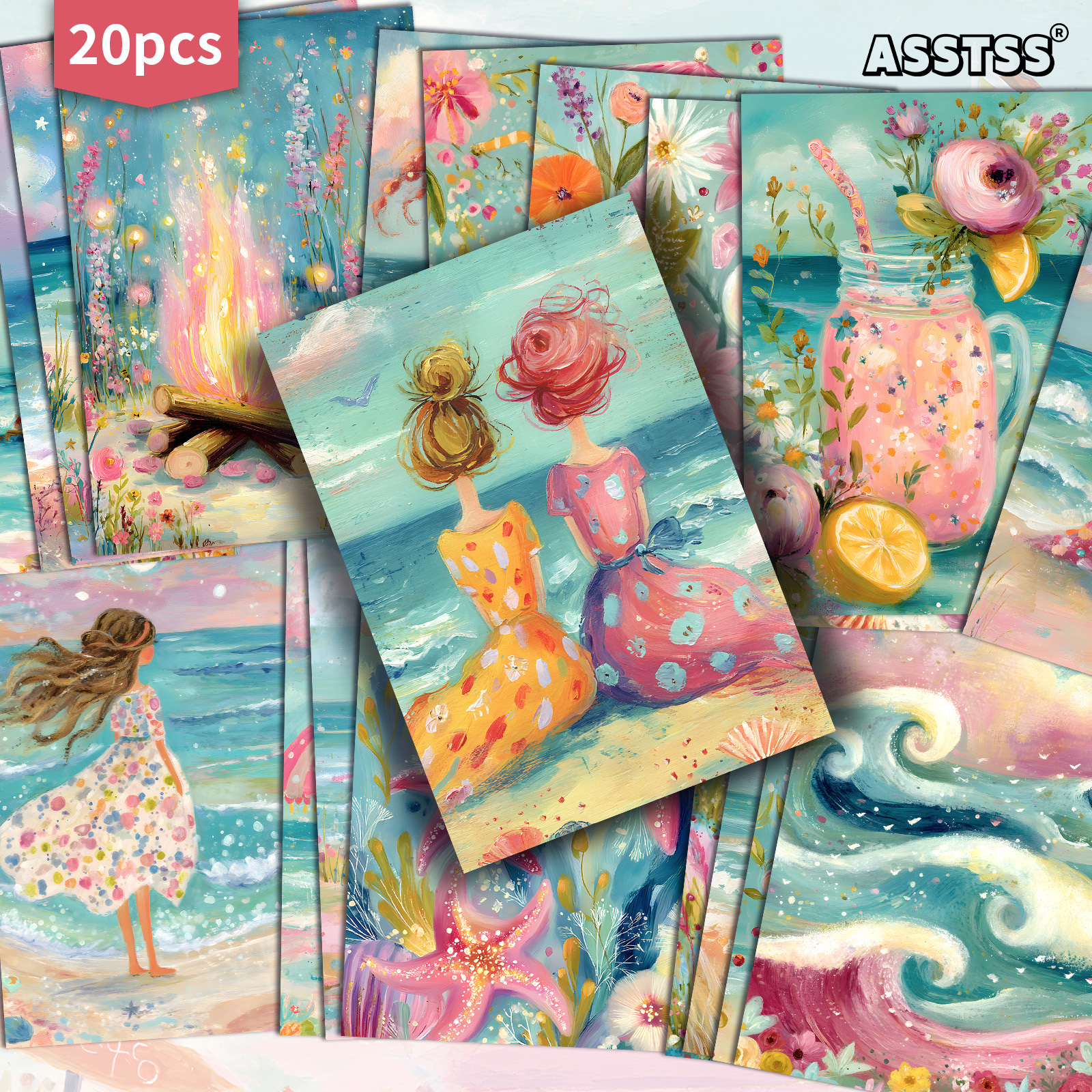 E-shop 20er-Pack ASSTSS Verspielte Sommer--Geschenkkarten – 4x6 Zoll Retro-Junk-Journal-Papier, klassische -Illustrationen, dekorative Sammelkarten zum