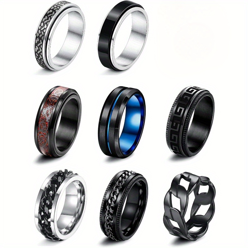 8pcs black fidget rings for anxiety relief spinning bands with unique patterns stainless  l cool chain design for casual to formal occasions casual wear bands stylish spinning bands durable stainless   Product details 3