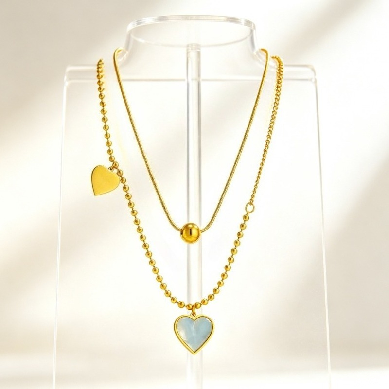 Double-Layered Stackable Heart-Shaped Necklace with Round Bead Chain