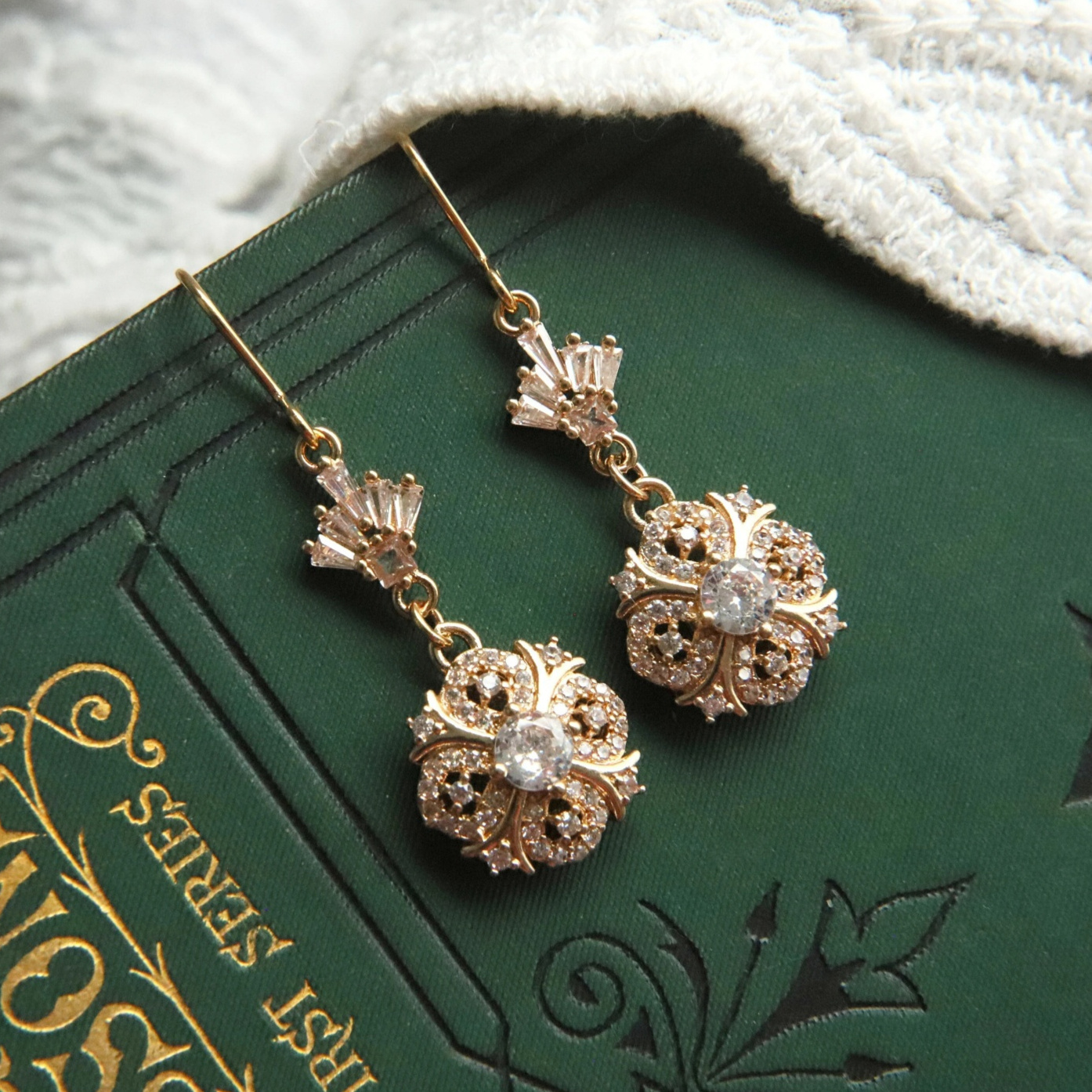 

Elegant Victorian-inspired Golden Dangle Earrings With Cubic Zirconia - Weddings, Engagements, Bridal Parties & Anniversary Gifts,