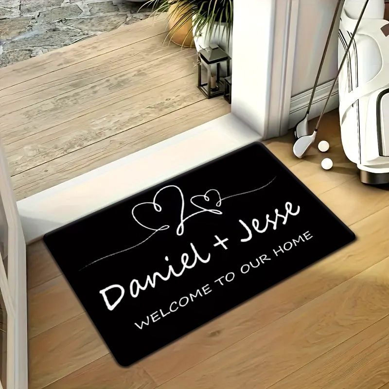 TEMU 1 Personalized Doormat - Custom Name And Wedding/valentine's Day Gift - Machine Washable - Elegant Heart-shaped Cursive Script - Indoor/outdoor