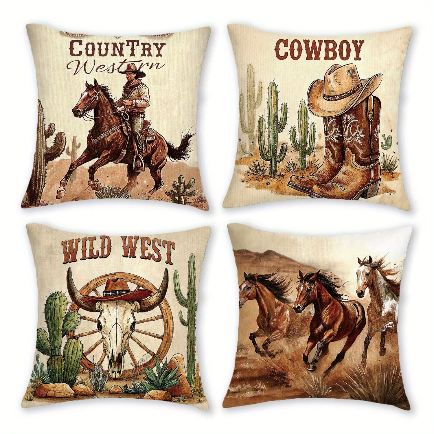 E-shop 4 Stück Vintage Country Western Cowboy Wurfkissenbezüge, 18x18 Zoll Reißverschluss Polyester Dekor, Plüsch Kariertes Design mit Pferd & Cowboy