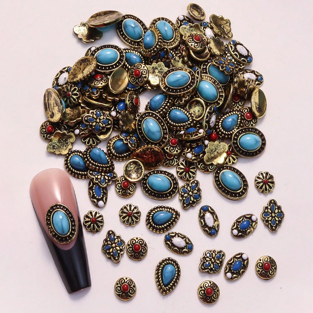 

10pcs Vintage Style Nail Art Charms, Mixed Oval Turquoise Metal Decorations, Unscented Diy Nail Jewelry Gems For Manicure Supplies, Nail Charms