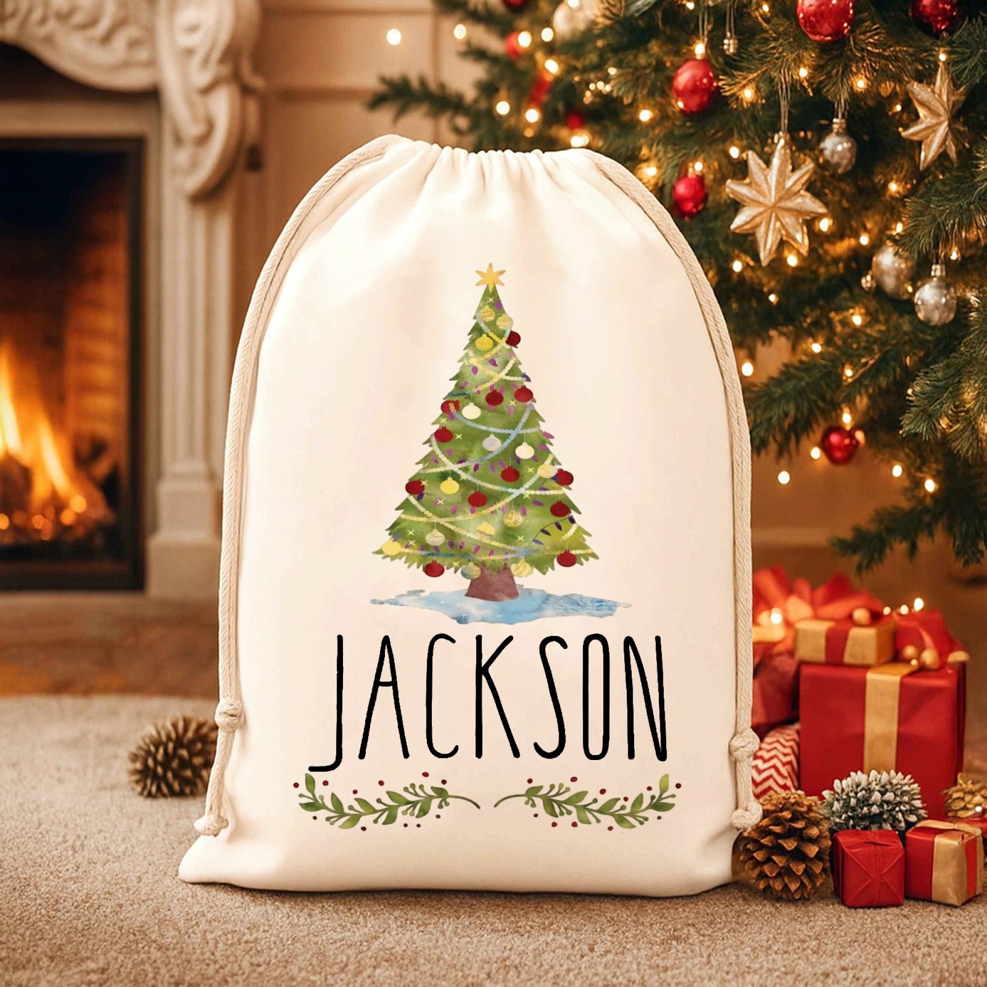 TEMU Personalized Christmas Drawstring Bag - Custom Name With Festive , Durable Polyester Holiday Gift Bag For Christmas Eve, New Year's Eve &