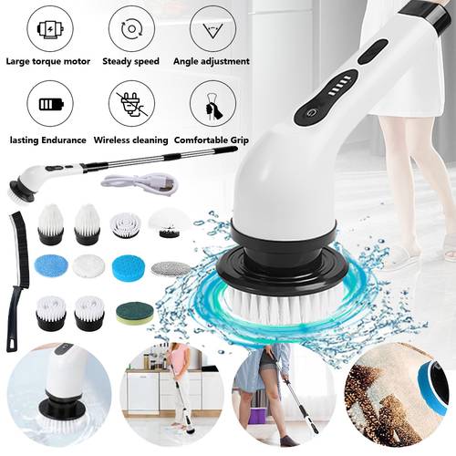 cordless electric scrubber with adjustable featuring a detachable handle and 11 interchangeable brush heads ideal for cleaning floors bathrooms tubs and tiles