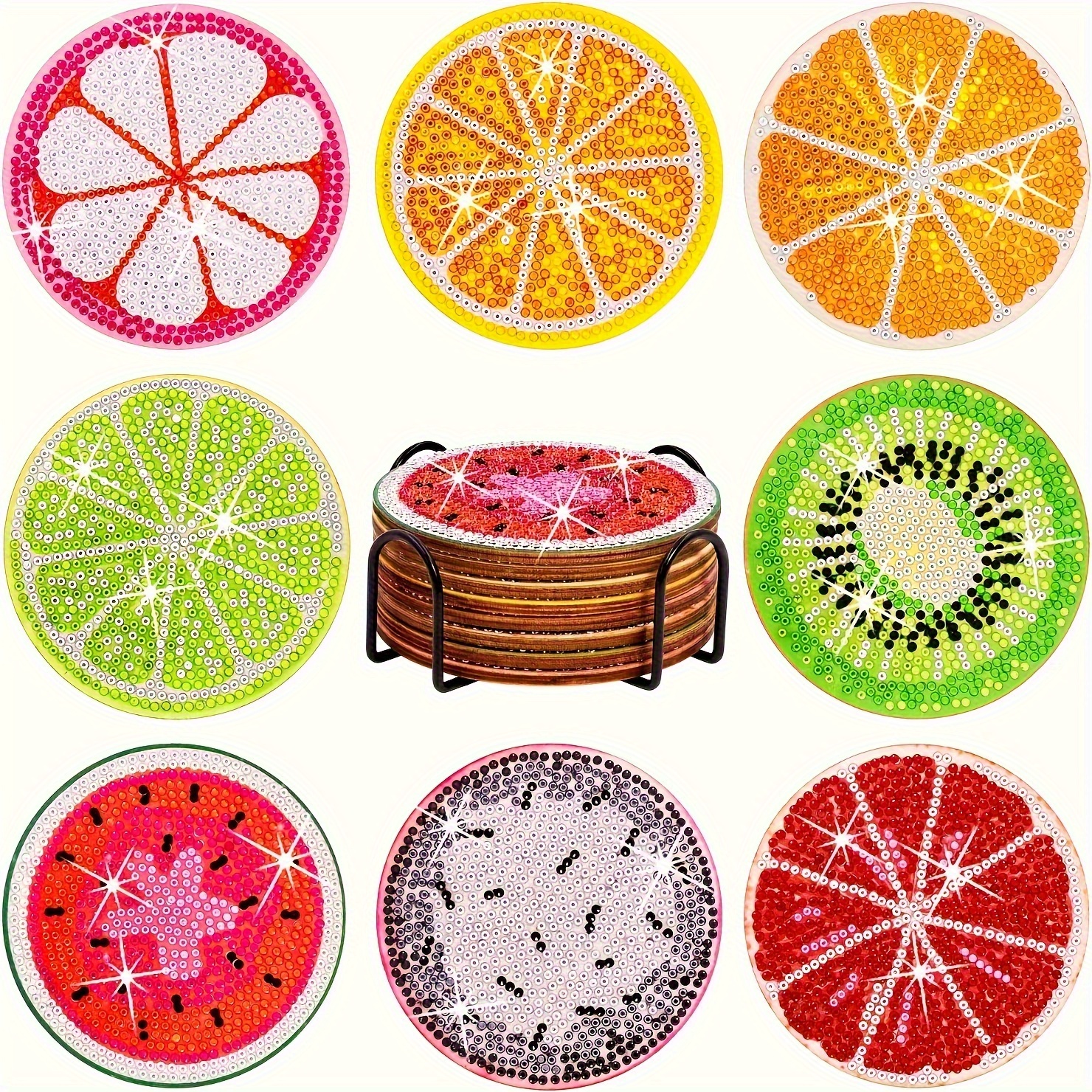 TEMU Ein Untersetzer-Set mit Aufbewahrungsregal, 8-teilig - Handgefertigtes Mosaik-Obst-Design Bastelset, inklusive Werkzeugen und Zubehör