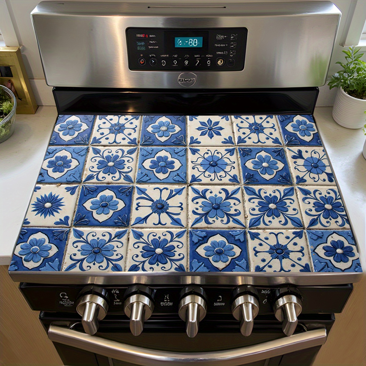TEMU Pièce unique, couvercle de plaque de cuisson décoratif bleu à floraux pour cuisinières électriques, conçu pour protéger vos surfaces de cuisine.